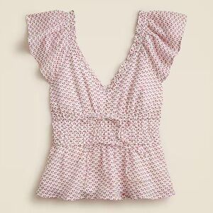 J. Crew Palermo Top in Ramie Ivory Red Print Small Flutter Sleeve Blouse NWT